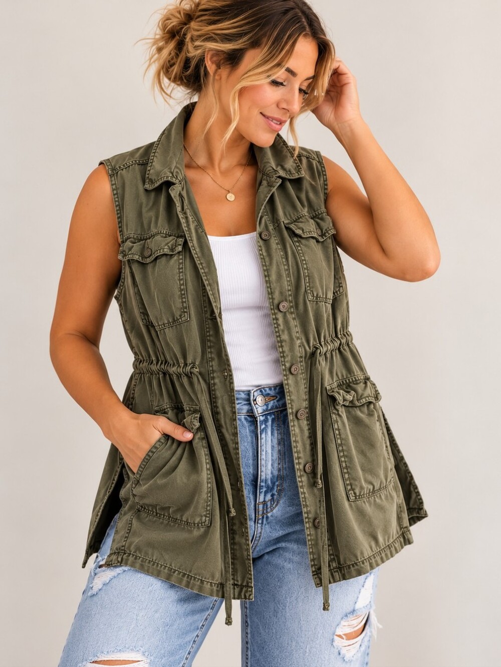 Buffalo David Bitton Olive Utility Cargo Vest Women's XL Gorpcore